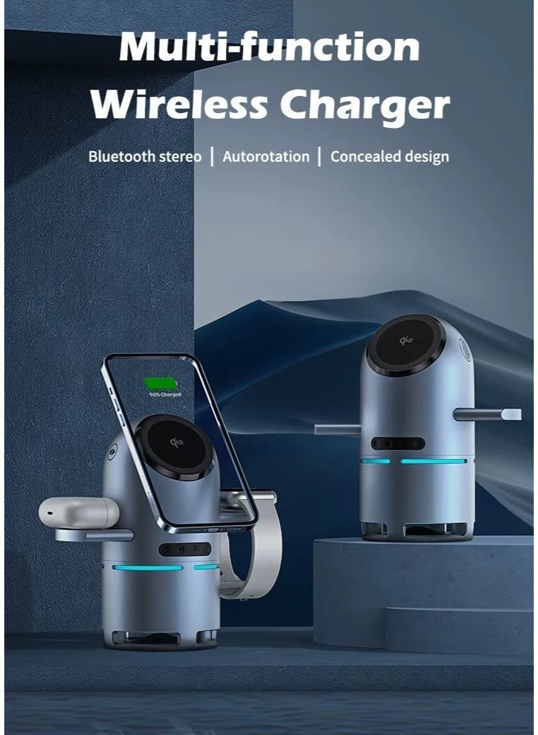 محطة شحن لاسلكية قياسية QI2 متعددة الوظائف 3 فى1 بلوتوث , سبيكر , مع حامل دوار مغناطيسى تلقائى لكل موديلات ايفون (ماجسيف) 12 ،13 ،14 ،15 ،16 ،17 , ايربودز برو ، ابل واتش ، سامسونج جلاكسي الترا - Image 5